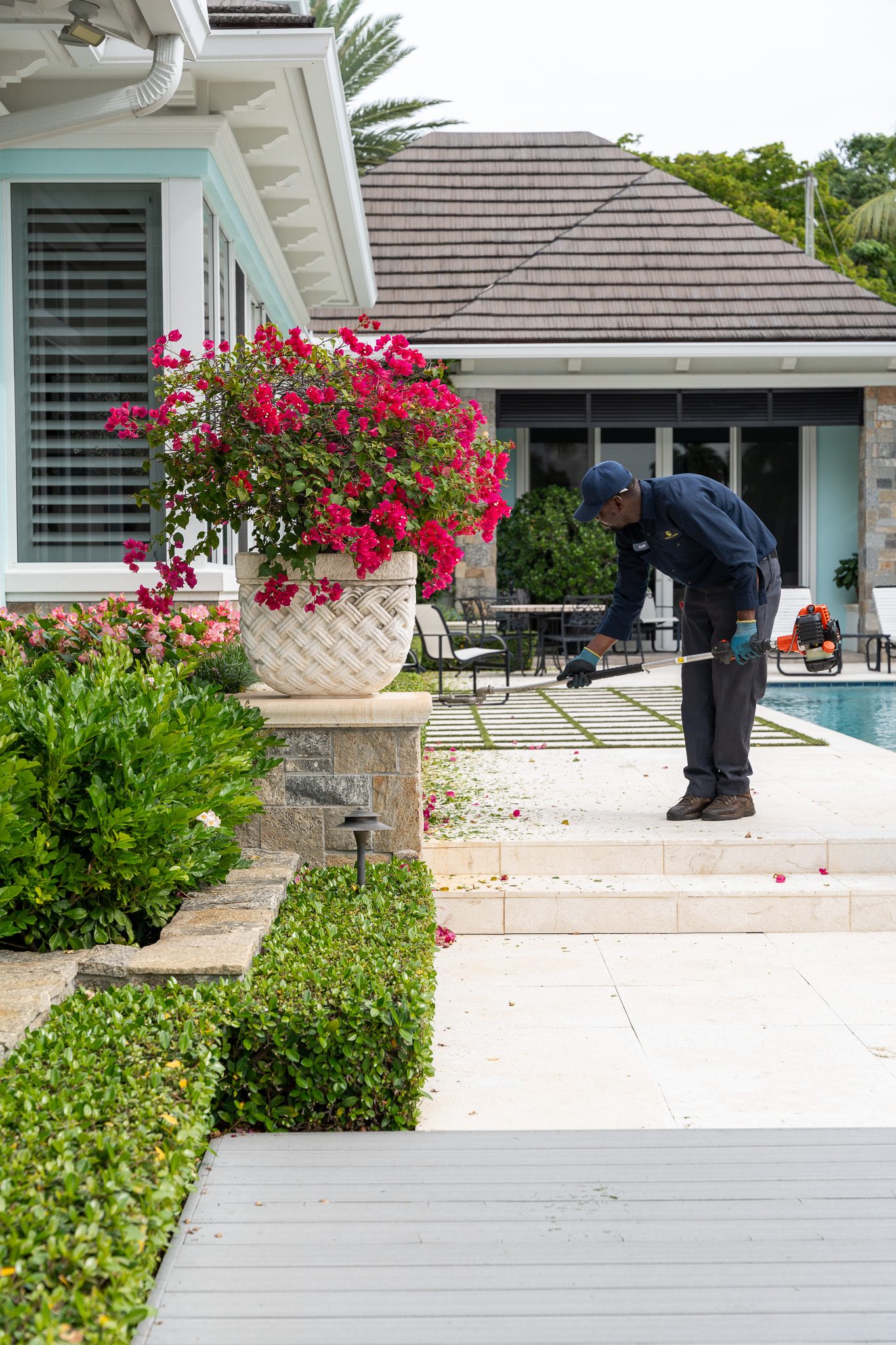 Ornamental plantings framing an estate entry