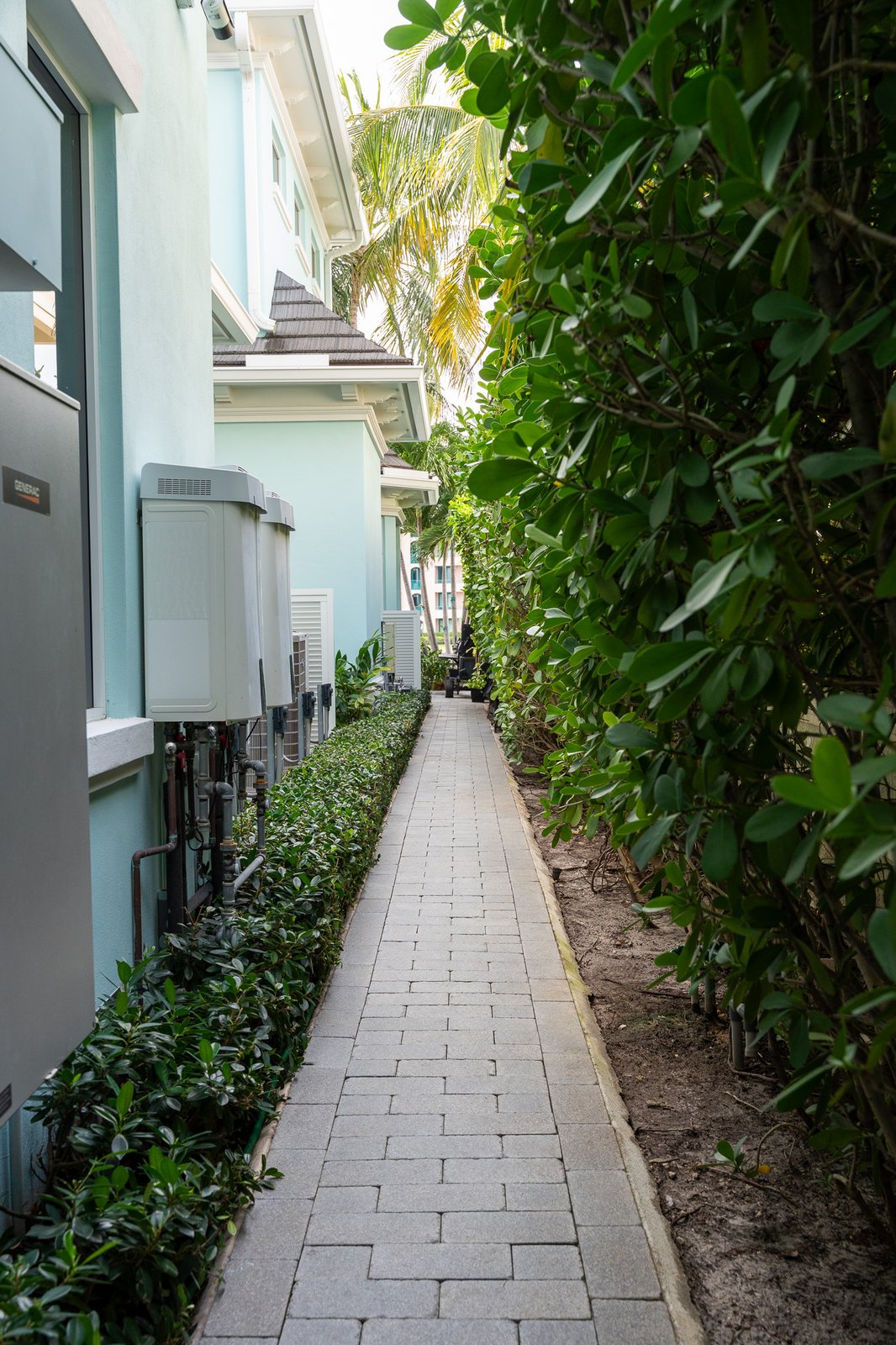 Manicured shrubs and palms framing a residence